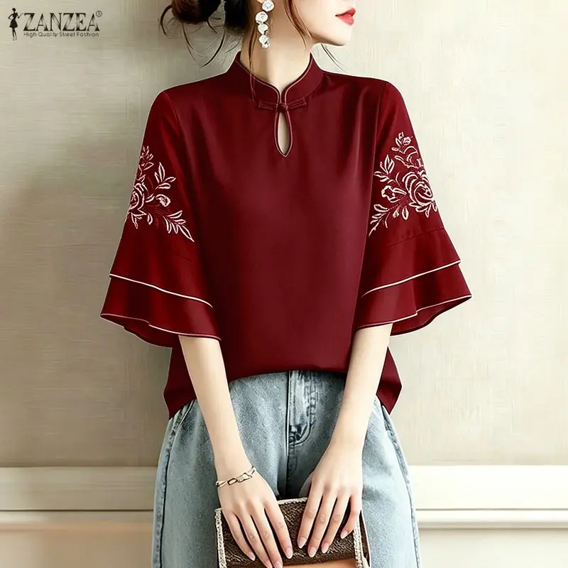Women Vintage Mandarin Collar Keyhole Neckline Blouses Floral Embroidered 3/4 Flared Sleeve Tops ZANZEA Elegant Blusas de Mujer
Women Vintage Mandarin Collar Keyhole Neckline Blouses Floral Embroidered 3/4 Flared Sleeve Tops ZANZEA Elegant Blusas de Mujer