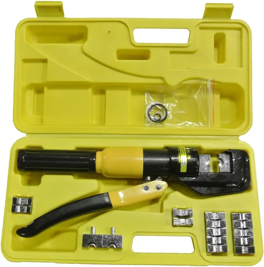 Hydraulic Crimping Tool 10 Tons with 9 Pairs of Dies for Battery Cable Lug Terminal, 12 AWG to 2/0 AWG Wire Crimper
Hydraulic Crimping Tool 10 Tons with 9 Pairs of Dies for Battery Cable Lug Terminal, 12 AWG to 2/0 AWG Wire Crimper