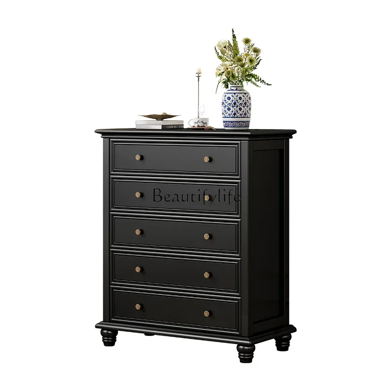 French retro solid wood chest of drawers against the wall, home living room storage, American black locker
French retro solid wood chest of drawers against the wall, home living room storage, American black locker