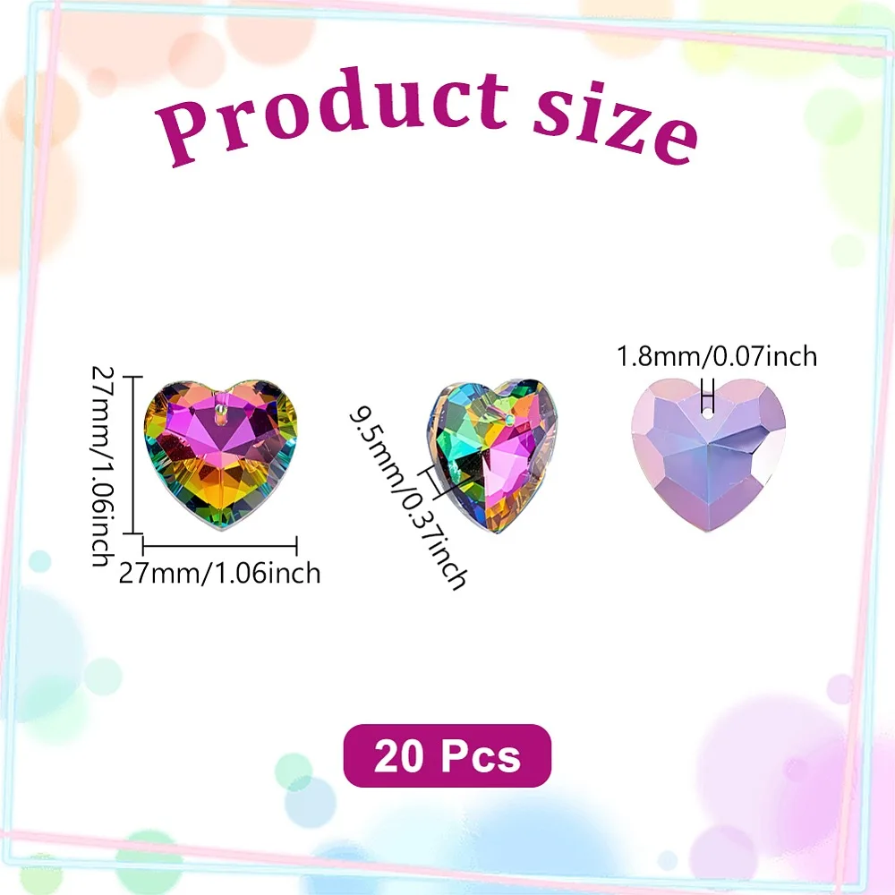 20Pcs Electroplate Glass Pendants Heart Faceted Rainbow Plated 27x27x9.5mm Hole: 1.8mm
20Pcs Electroplate Glass Pendants Heart Faceted Rainbow Plated 27x27x9.5mm Hole: 1.8mm