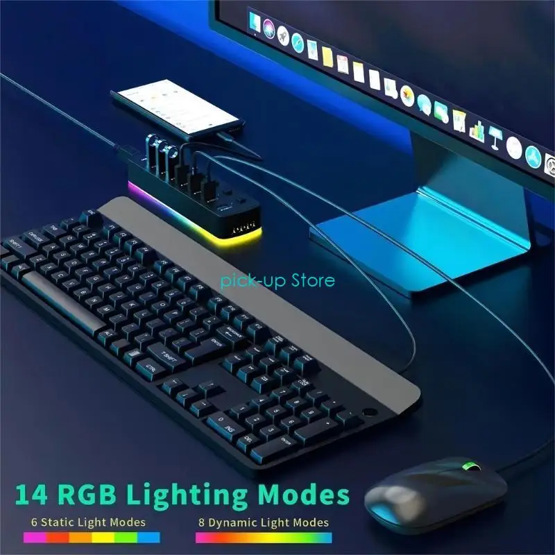 Q5WA 7 в 1 USB Hub Fast Зарядка док -станции USB3.0 USB Splitters с RGB Light
Q5WA 7 в 1 USB Hub Fast Зарядка док -станции USB3.0 USB Splitters с RGB Light