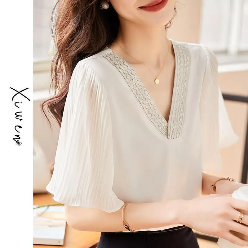 Women Summer Simplicity Office Lady V-neck Solid Color Short Sleeve Chiffon Shirts Ladies Fashion Loose All-match Casual Tops
Women Summer Simplicity Office Lady V-neck Solid Color Short Sleeve Chiffon Shirts Ladies Fashion Loose All-match Casual Tops