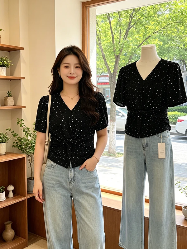 plus Size Women's Summer Shirt Polka Dot V-Neck Short Sleeve Asymmetrical Top Elegant Pure Desire Fashion 2026
plus Size Women's Summer Shirt Polka Dot V-Neck Short Sleeve Asymmetrical Top Elegant Pure Desire Fashion 2026