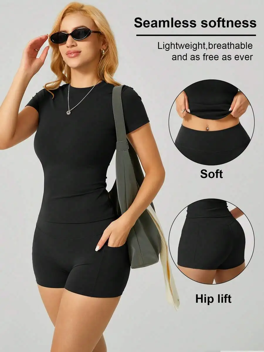 Womens Round Neck Short Sleeve T-Shirt And Side Pocket Sports Shorts Set
Womens Round Neck Short Sleeve T-Shirt And Side Pocket Sports Shorts Set