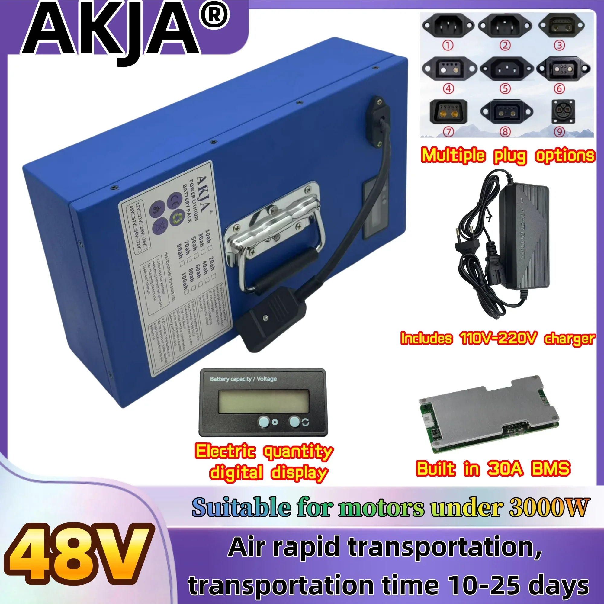 Air fast transportation,48V100AH,Send within 24 hours,18650 lithium battery,Lithium battery pack,Suitable for motors below 3000W
Air fast transportation,48V100AH,Send within 24 hours,18650 lithium battery,Lithium battery pack,Suitable for motors below 3000W