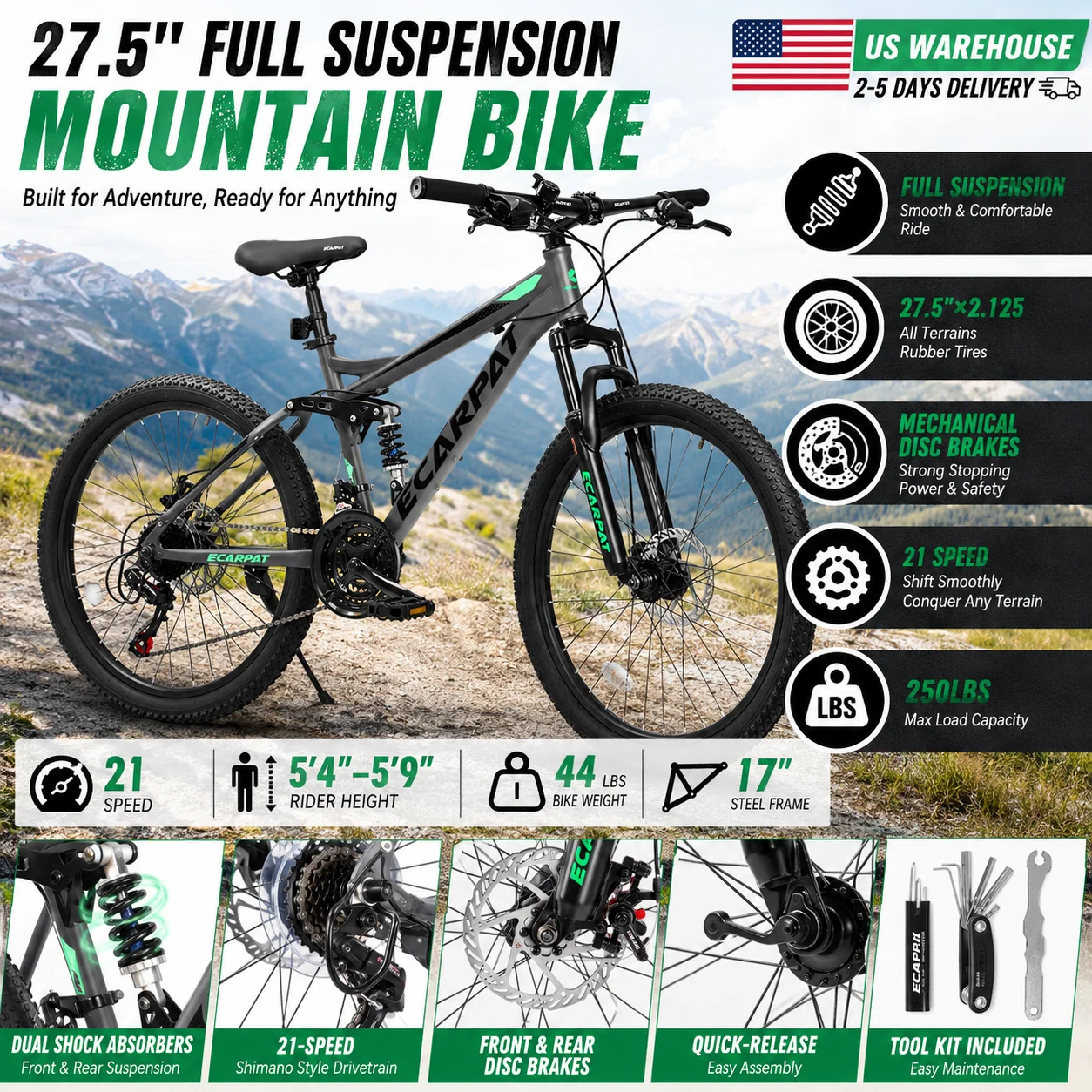 27.5 Inch Full Suspension Mountain Bike 21-Speed MTB with Disc Brakes All Terrain Bicycle for Men Women Adults Outdoor Cycling
27.5 Inch Full Suspension Mountain Bike 21-Speed MTB with Disc Brakes All Terrain Bicycle for Men Women Adults Outdoor Cycling
