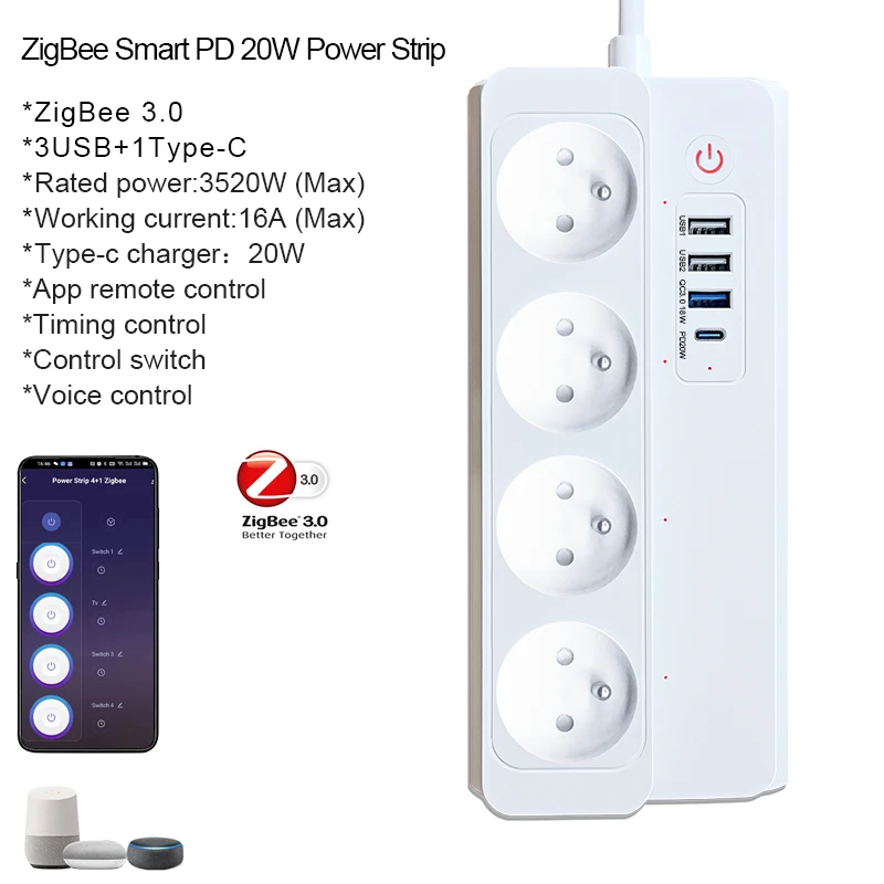 Умный удлинитель версии Zigbee с 4 розетками переменного тока и 1 быстрым зарядным устройством USB-C (PD 20 Вт) и 3 голосовыми управлениями USB-Alexa и Google Home
Умный удлинитель версии Zigbee с 4 розетками переменного тока и 1 быстрым зарядным устройством USB-C (PD 20 Вт) и 3 голосовыми управлениями USB-Alexa и Google Home