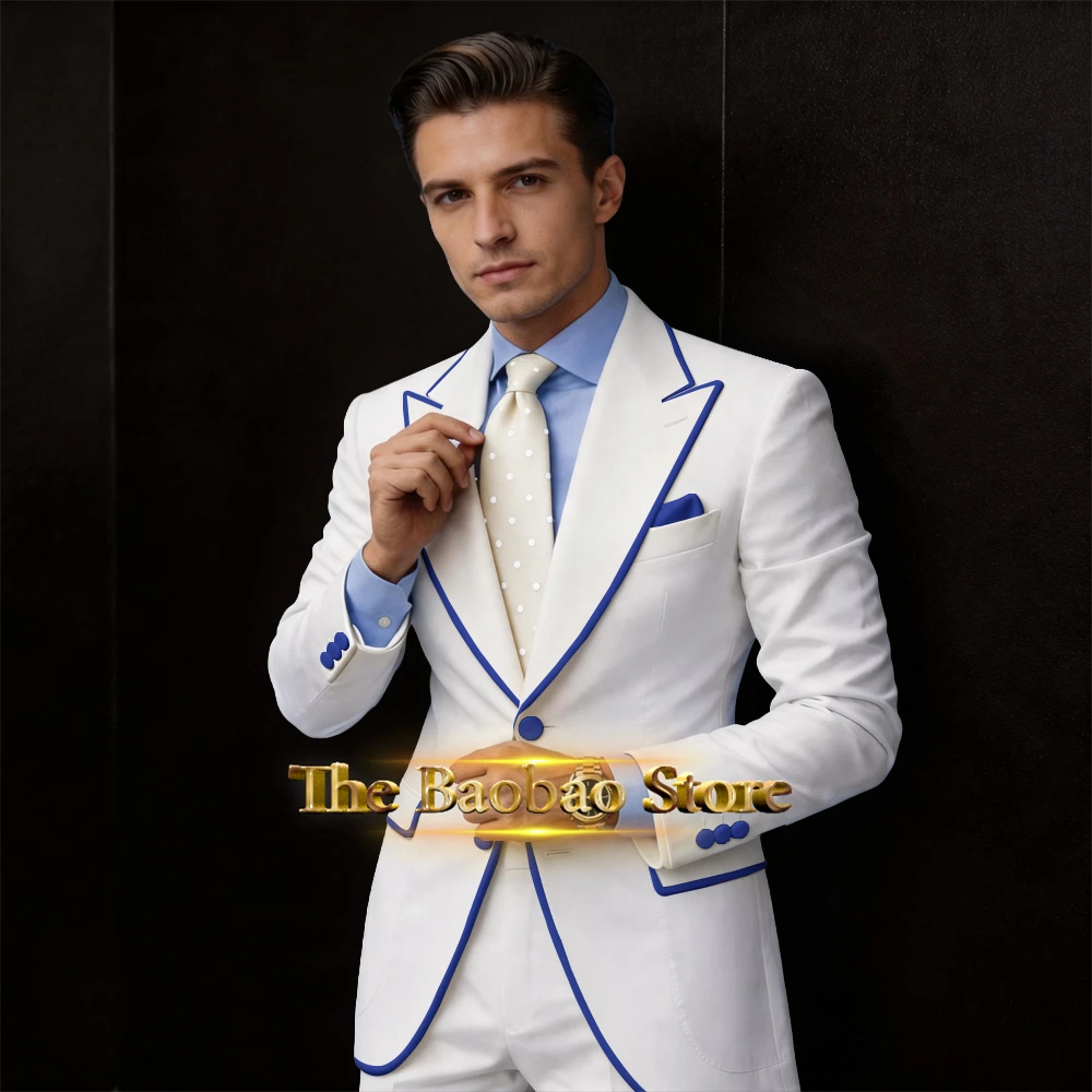 High-end bespoke men's suit white 2pcs set royal blue trim peak lapel jacket pants slim fit for wedding groom prom party tuxedo
High-end bespoke men's suit white 2pcs set royal blue trim peak lapel jacket pants slim fit for wedding groom prom party tuxedo