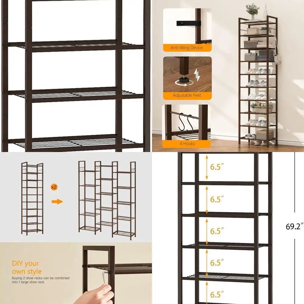 10-Tier Narrow Metal Shoe Rack for 20-30 Pairs, Sturdy Vertical Storage Organizer with Hooks, Slim Space-Saving Shoe Shelf for E
10-Tier Narrow Metal Shoe Rack for 20-30 Pairs, Sturdy Vertical Storage Organizer with Hooks, Slim Space-Saving Shoe Shelf for E