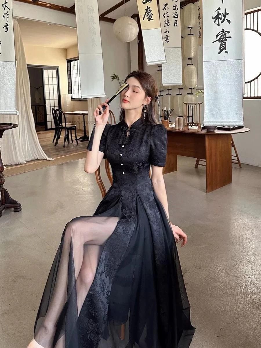Женское модное новое черное платье Cheongsam с разрезом Ao Dai, улучшение Qipao, новое элегантное летнее платье в китайском стиле 
Женское модное новое черное платье Cheongsam с разрезом Ao Dai, улучшение Qipao, новое элегантное летнее платье в китайском стиле