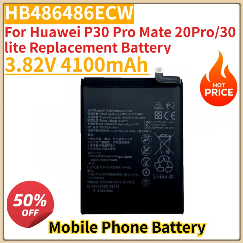 Высококачественная новая батарея для мобильного телефона 3.82V 4100mAh HB486486ECW для Huawei P30 Pro, Mate 20 Pro/30 Lite, сменная батарея
Высококачественная новая батарея для мобильного телефона 3.82V 4100mAh HB486486ECW для Huawei P30 Pro, Mate 20 Pro/30 Lite, сменная батарея