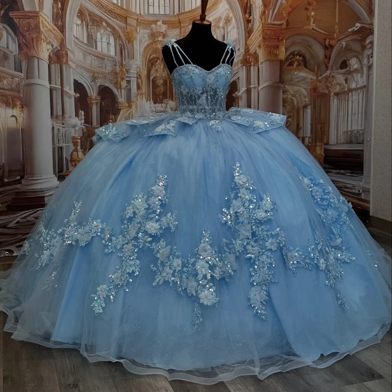 Customized Sky Blue Quinceanera Dresses Ball Gown Spaghetti Strap Appliques Lace Beading Tull Sweet 16 Dress Vestidos 15 De Anos
Customized Sky Blue Quinceanera Dresses Ball Gown Spaghetti Strap Appliques Lace Beading Tull Sweet 16 Dress Vestidos 15 De Anos