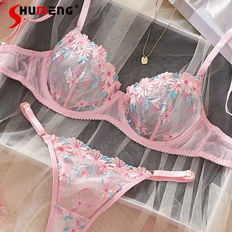 Ultra Thin Cup Bra Set with Underwire Embroidered Sexy Lingerie Outfits for Women Push Up Big Chest Girls Pink Underwear
Ultra Thin Cup Bra Set with Underwire Embroidered Sexy Lingerie Outfits for Women Push Up Big Chest Girls Pink Underwear