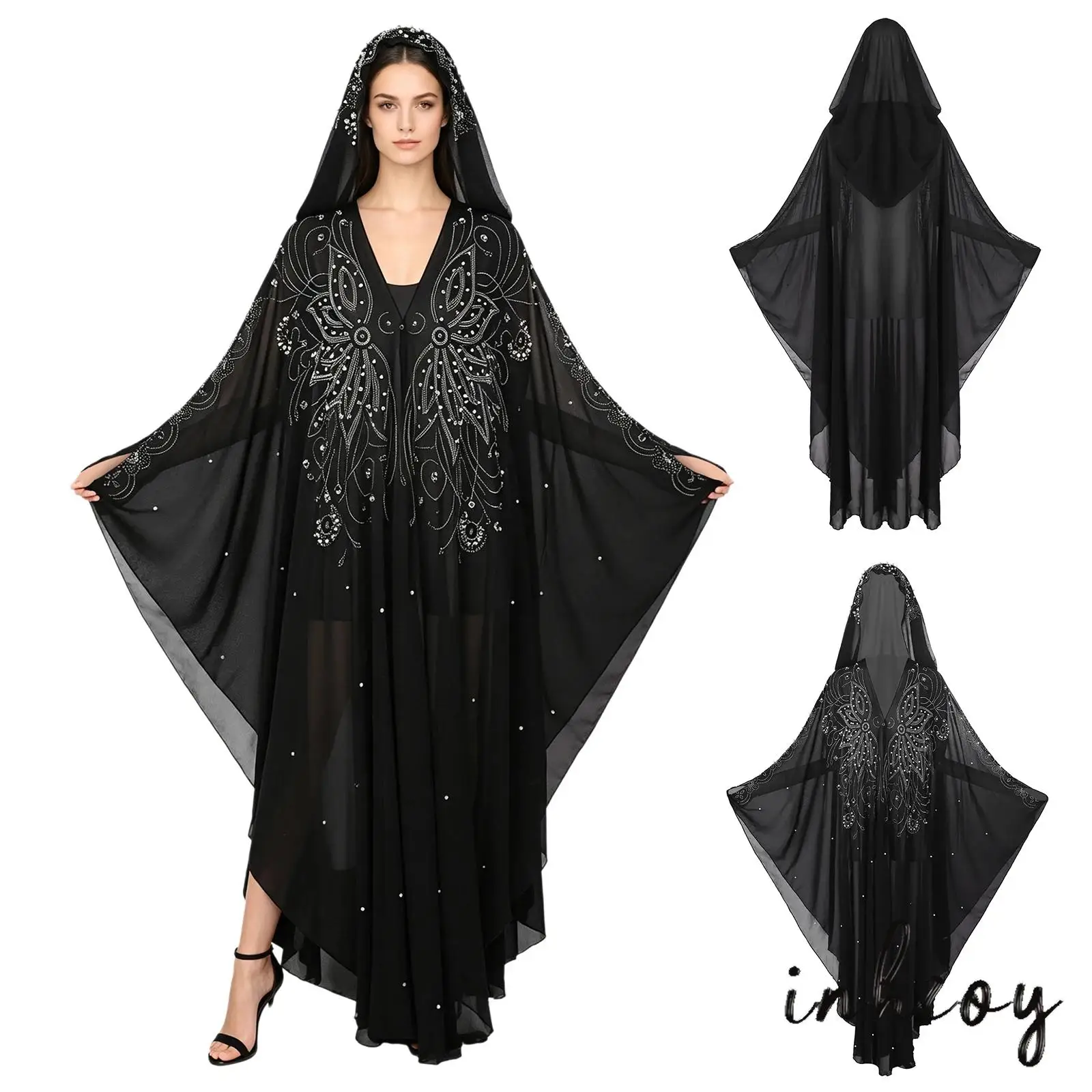 Hooded Chiffon Kaftan Abaya Robe for Women Rhinestone Faux Pearl Detailing Open Front Long Robe Muslim Islamic Dress Dancewear
Hooded Chiffon Kaftan Abaya Robe for Women Rhinestone Faux Pearl Detailing Open Front Long Robe Muslim Islamic Dress Dancewear