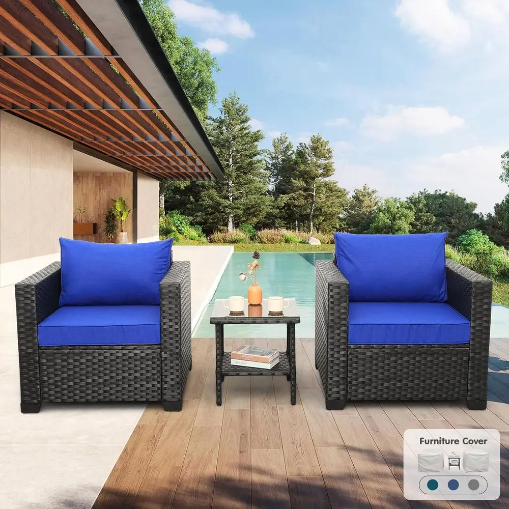 Royal Blue Cushioned 3-Piece Wicker Patio Set with Waterproof Covers for Outdoor Balcony Use
Royal Blue Cushioned 3-Piece Wicker Patio Set with Waterproof Covers for Outdoor Balcony Use