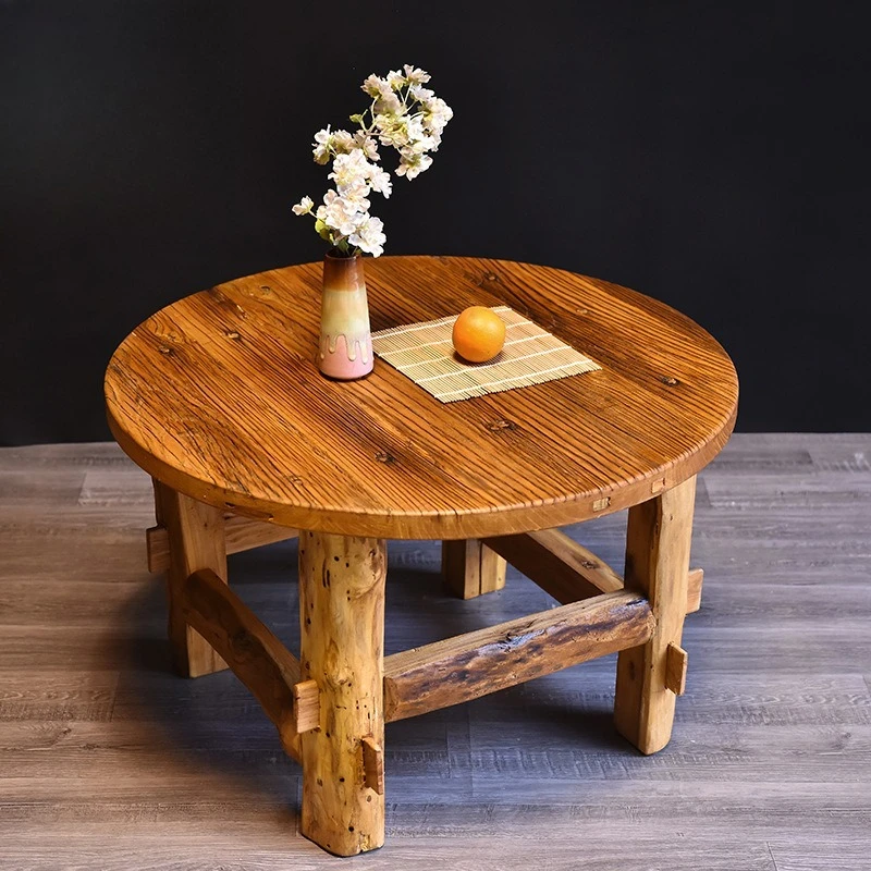 Chinese antique solid wood living room round low table dining table and chair combination full solid elm folk retro
Chinese antique solid wood living room round low table dining table and chair combination full solid elm folk retro
