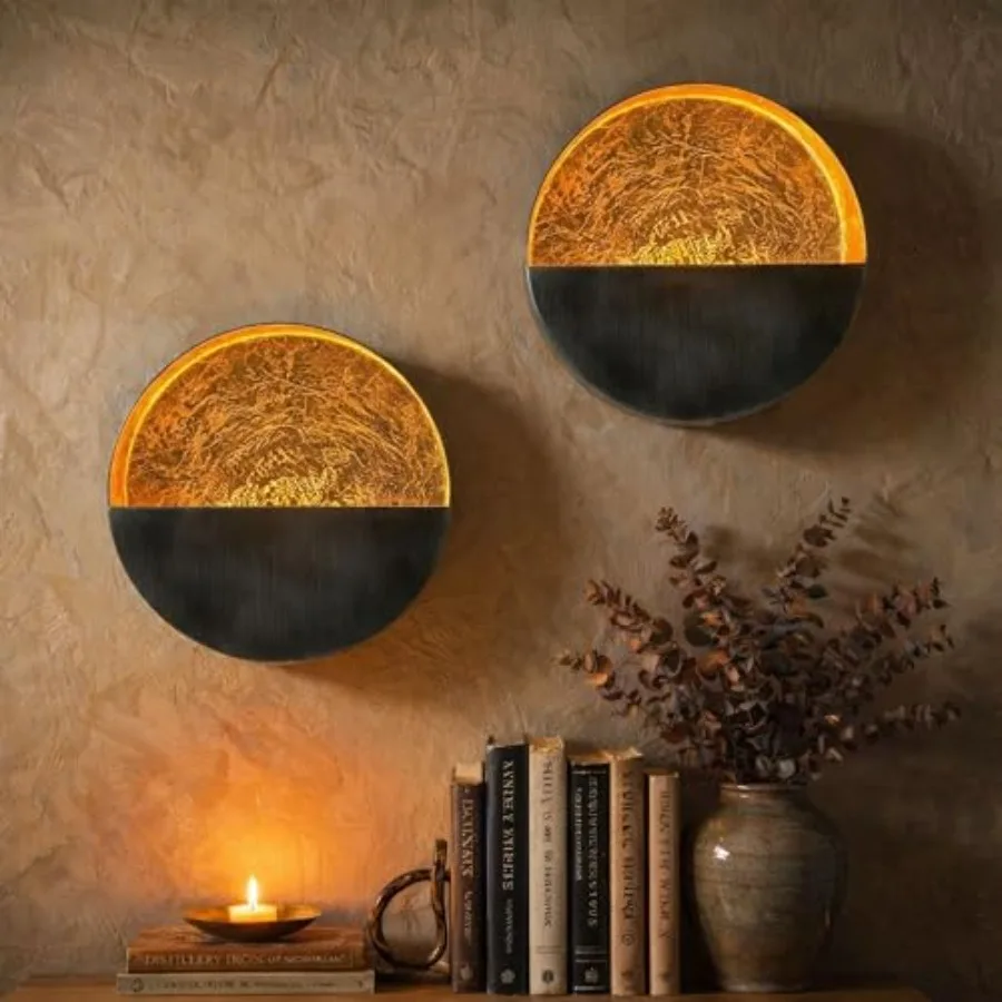 Eclipse Wall Candle Sconces Set of 2 6.5" Round Metal Tea Light Holders 3" Depth with Gold Leaf Interior Antique Nickel Decorat
Eclipse Wall Candle Sconces Set of 2 6.5" Round Metal Tea Light Holders 3" Depth with Gold Leaf Interior Antique Nickel Decorat
