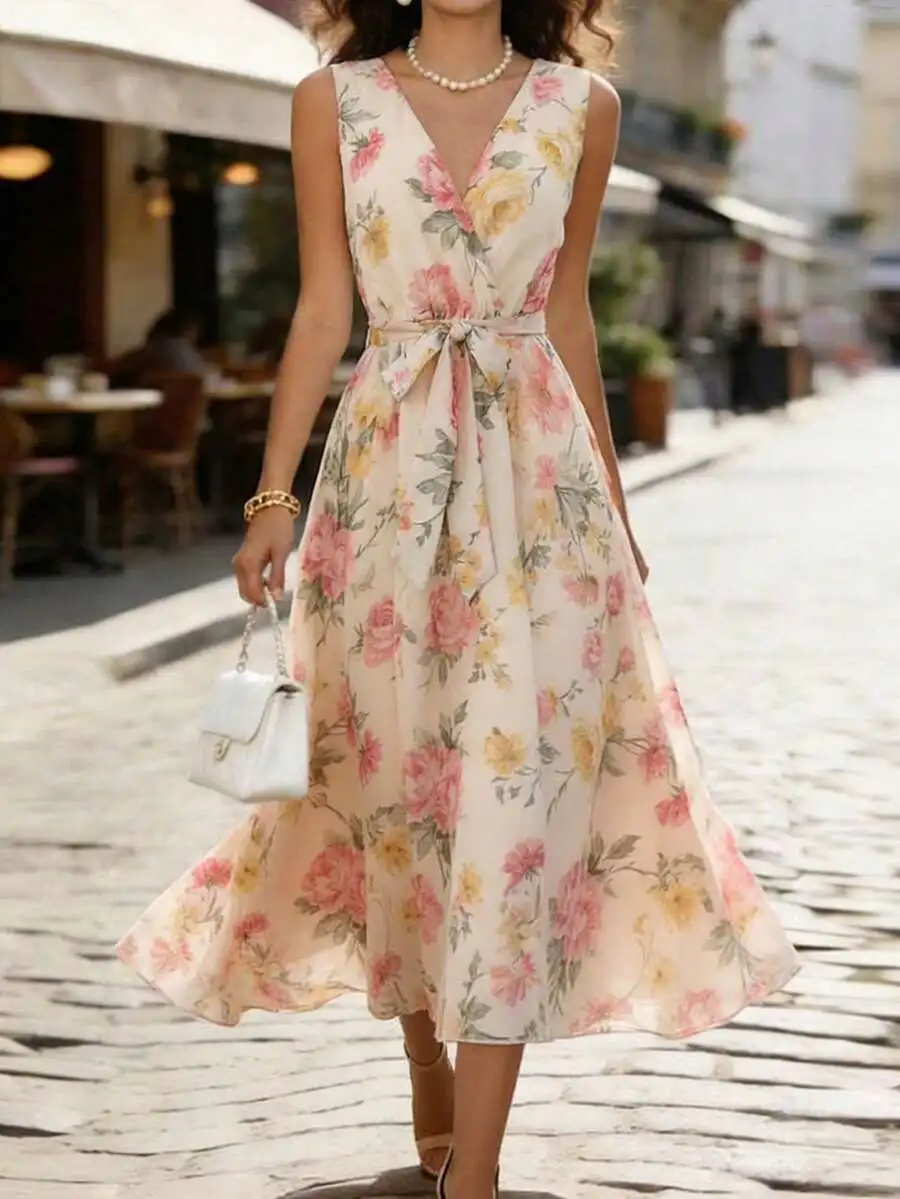 Elegant Floral Print Sleeveless Midi Dress With Belt For Summer Vacation
Elegant Floral Print Sleeveless Midi Dress With Belt For Summer Vacation