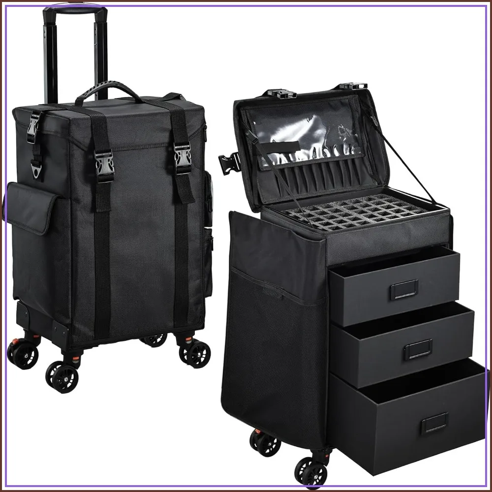 Rolling Makeup Case 4 in 1 Soft Sided Cosmetic Trolley with Wheels for Makeup Artist Nylon Storage 3 Drawers Black
Rolling Makeup Case 4 in 1 Soft Sided Cosmetic Trolley with Wheels for Makeup Artist Nylon Storage 3 Drawers Black