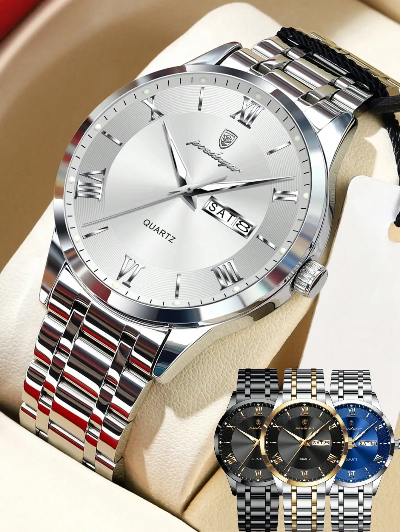 Мужские кварцевые часы из нержавеющей стали с римскими цифрами, индикацией даты и дня недели, светящимися стрелками, водонепроницаемостью до 30 метров.
Мужские кварцевые часы из нержавеющей стали с римскими цифрами, индикацией даты и дня недели, светящимися стрелками, водонепроницаемостью до 30 метров.