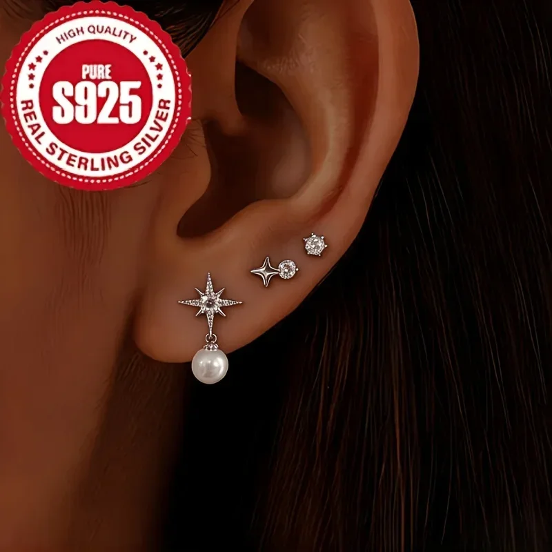 One pair of three-piece women's fashion stud earrings, S925 sterling silver material, hypoallergenic, comfortable fashion party birthday gift girl jewelry, high-end high-quality stud earrings, women's accessories
One pair of three-piece women's fashion stud earrings, S925 sterling silver material, hypoallergenic, comfortable fashion party birthday gift girl jewelry, high-end high-quality stud earrings, women's accessories