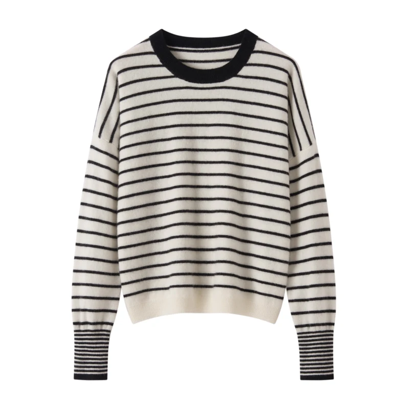 Autumn/Winter Women's 100% Cashmere Sweater Casual Striped Knitted Head Tops Round Neck Warm Blouse Loose Thick Jumper
Autumn/Winter Women's 100% Cashmere Sweater Casual Striped Knitted Head Tops Round Neck Warm Blouse Loose Thick Jumper