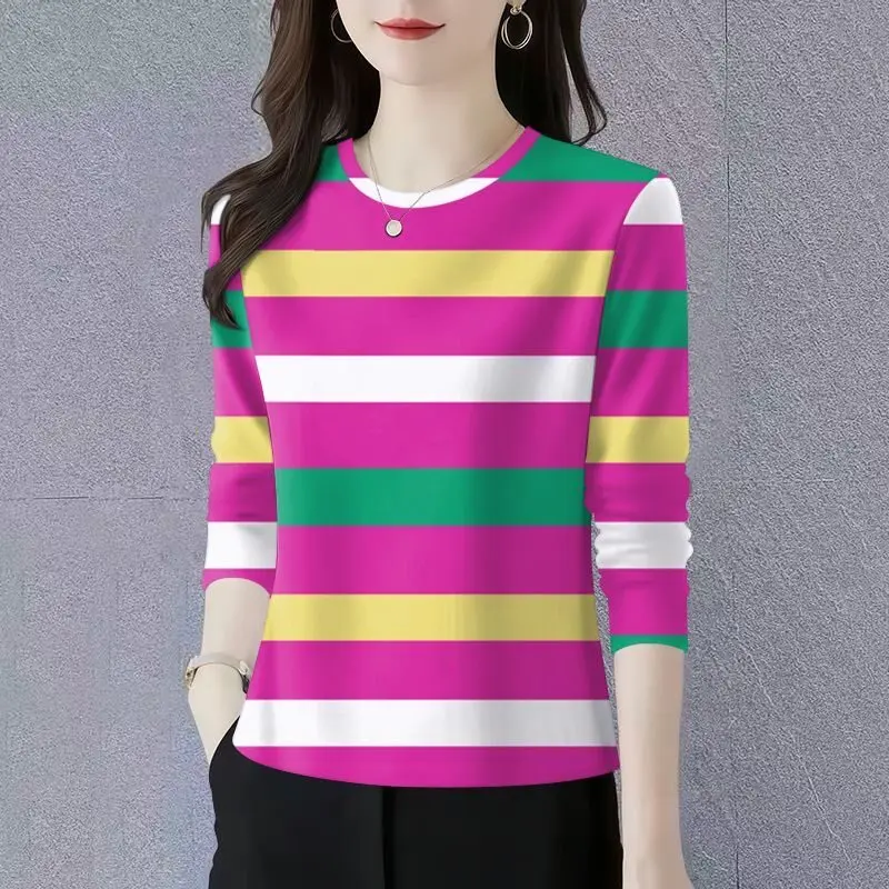 Elegant Women's Long Sleeve round Neck Striped Base Shirt Slimming Tummy Covering Casual Top for Middle-Aged And Elderly
Elegant Women's Long Sleeve round Neck Striped Base Shirt Slimming Tummy Covering Casual Top for Middle-Aged And Elderly