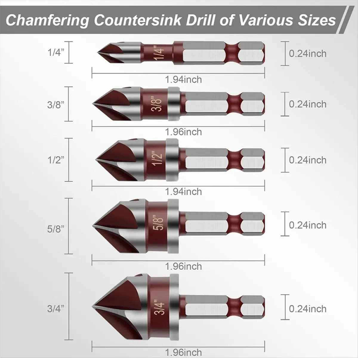 A58Z 5PCS Countersink Drill Bit Set, 82 Degree HSS Counter Sink Drill Bit for Wood, Metal, Plastic Countersink Bit Set
A58Z 5PCS Countersink Drill Bit Set, 82 Degree HSS Counter Sink Drill Bit for Wood, Metal, Plastic Countersink Bit Set