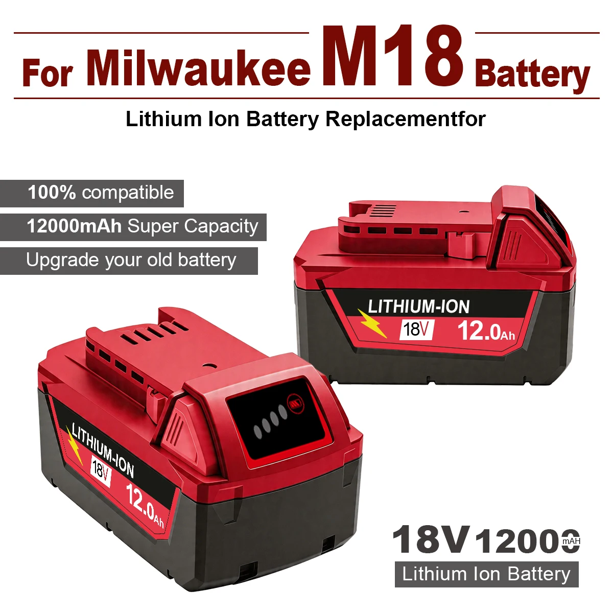 For Milwaukee M18 12.0Ah Battery Charger Kit XC 12000mAh Replacement for 48-11-1860 M18B5 18V Li-ion Cordless Power Tool 18650
For Milwaukee M18 12.0Ah Battery Charger Kit XC 12000mAh Replacement for 48-11-1860 M18B5 18V Li-ion Cordless Power Tool 18650