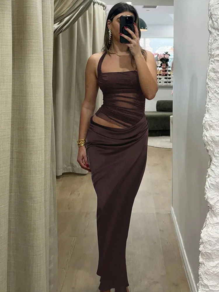 Patchwork Mesh Halter Maxi Dress Women Elegant Slim Backless See Through Long Dresses Lady 2025 Summer Party Evening Robes
Patchwork Mesh Halter Maxi Dress Women Elegant Slim Backless See Through Long Dresses Lady 2025 Summer Party Evening Robes 