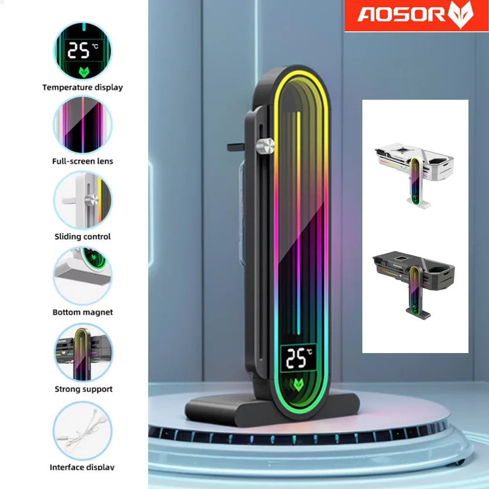 COOLMOON Graphics Card GPU Holder Vertical 5V 3Pin ARGB Temperature Display Mirror Light For Desktop Computer Case Stand Holder