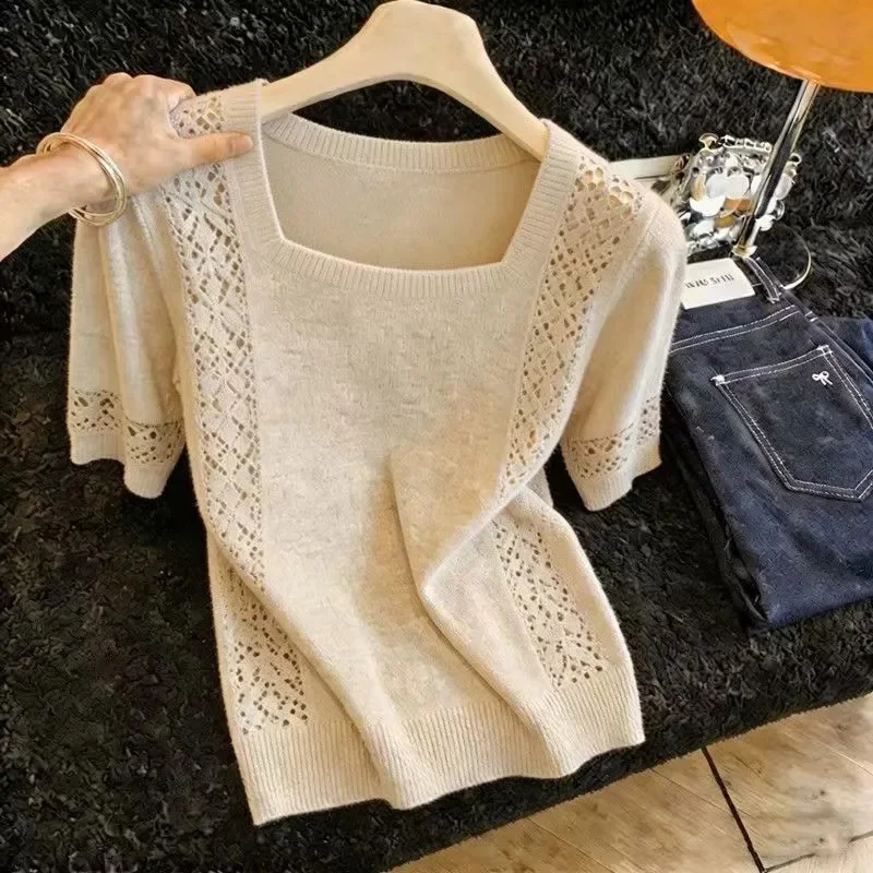 Femme Solid Color Knitted Sweater Korean Ladies Short Sleeves Pullover Knit Top Autumn Women Square Neckline Hollow-out Knitting
Femme Solid Color Knitted Sweater Korean Ladies Short Sleeves Pullover Knit Top Autumn Women Square Neckline Hollow-out Knitting
