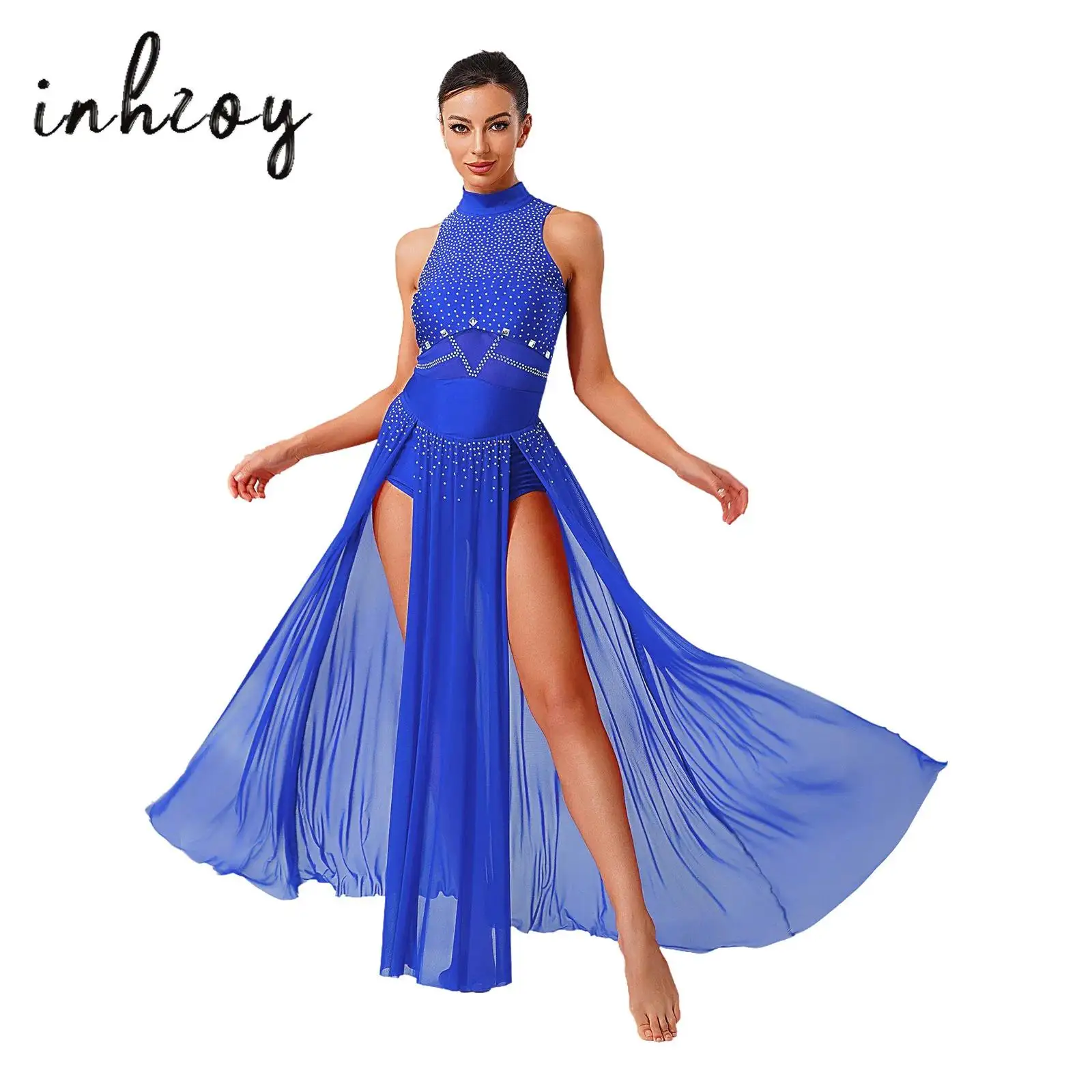 Women Lyrical Dance Leotard Dress Glittery Rhinestone Sheer Mesh Slit Hem Maxi Dress Gymnastic Modern Dance Competition Costume
Women Lyrical Dance Leotard Dress Glittery Rhinestone Sheer Mesh Slit Hem Maxi Dress Gymnastic Modern Dance Competition Costume