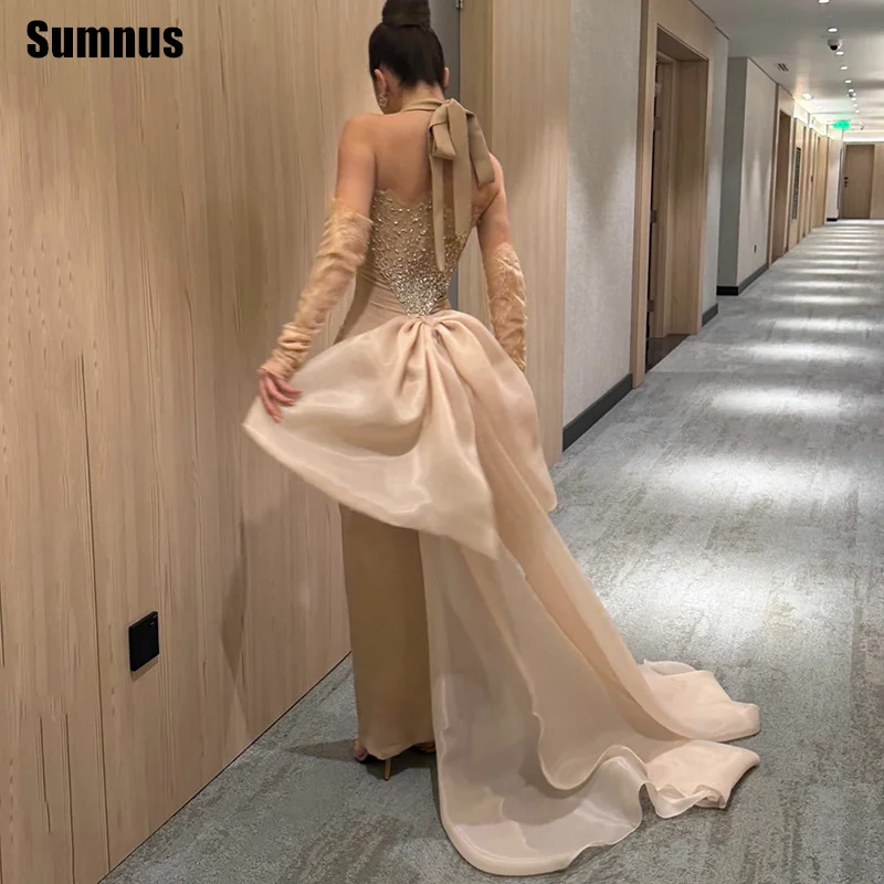 Sumnus Elegant Mermaid Evening Dresses Champagne Halter Beading Big Bow Train Maxi Prom Dress With Lace Glove Customized
Sumnus Elegant Mermaid Evening Dresses Champagne Halter Beading Big Bow Train Maxi Prom Dress With Lace Glove Customized