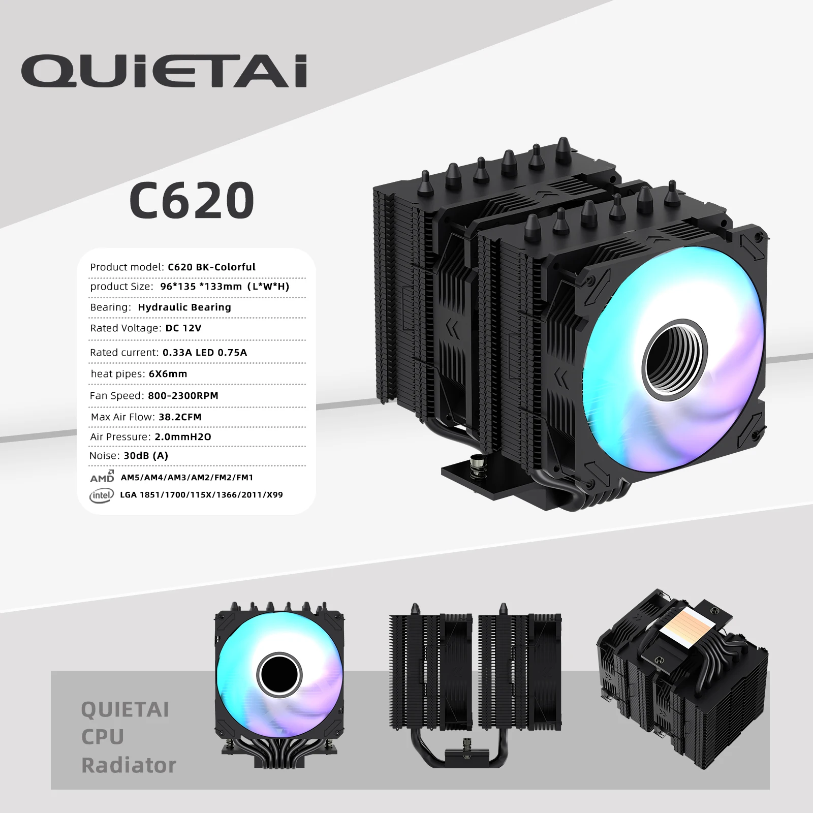 Кулер для процессора QUIETAI CZ620, 6 тепловых трубок, два вентилятора PWM, TDP 240 Вт, для Intel LGA1700, AMD AM5
Кулер для процессора QUIETAI CZ620, 6 тепловых трубок, два вентилятора PWM, TDP 240 Вт, для Intel LGA1700, AMD AM5