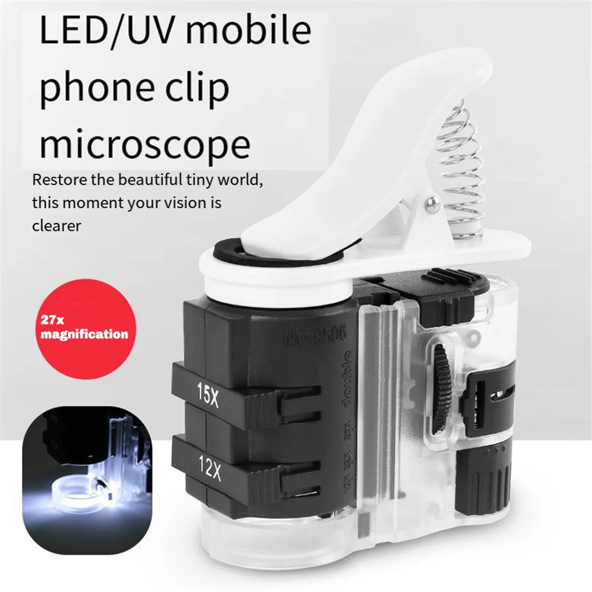 Y31A зажим для мобильного телефона, микроскоп для обнаружения банкнот, светодиодный УФ-свет, увеличительное стекло, микроскоп для оценки ювелирных изделий
Y31A зажим для мобильного телефона, микроскоп для обнаружения банкнот, светодиодный УФ-свет, увеличительное стекло, микроскоп для оценки ювелирных изделий