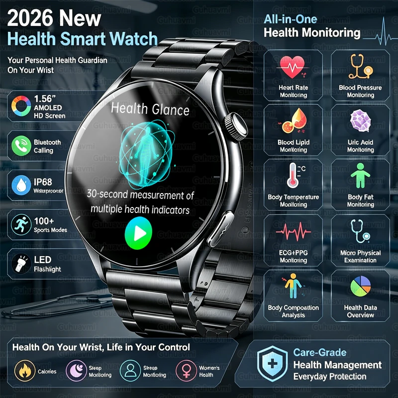 2026New Nursing Grade Health Smart Watch Men Blood Lipid ECG Heart Rate Fitness Trackr Bluetooth Call Smartwatch For Android IOS
2026New Nursing Grade Health Smart Watch Men Blood Lipid ECG Heart Rate Fitness Trackr Bluetooth Call Smartwatch For Android IOS