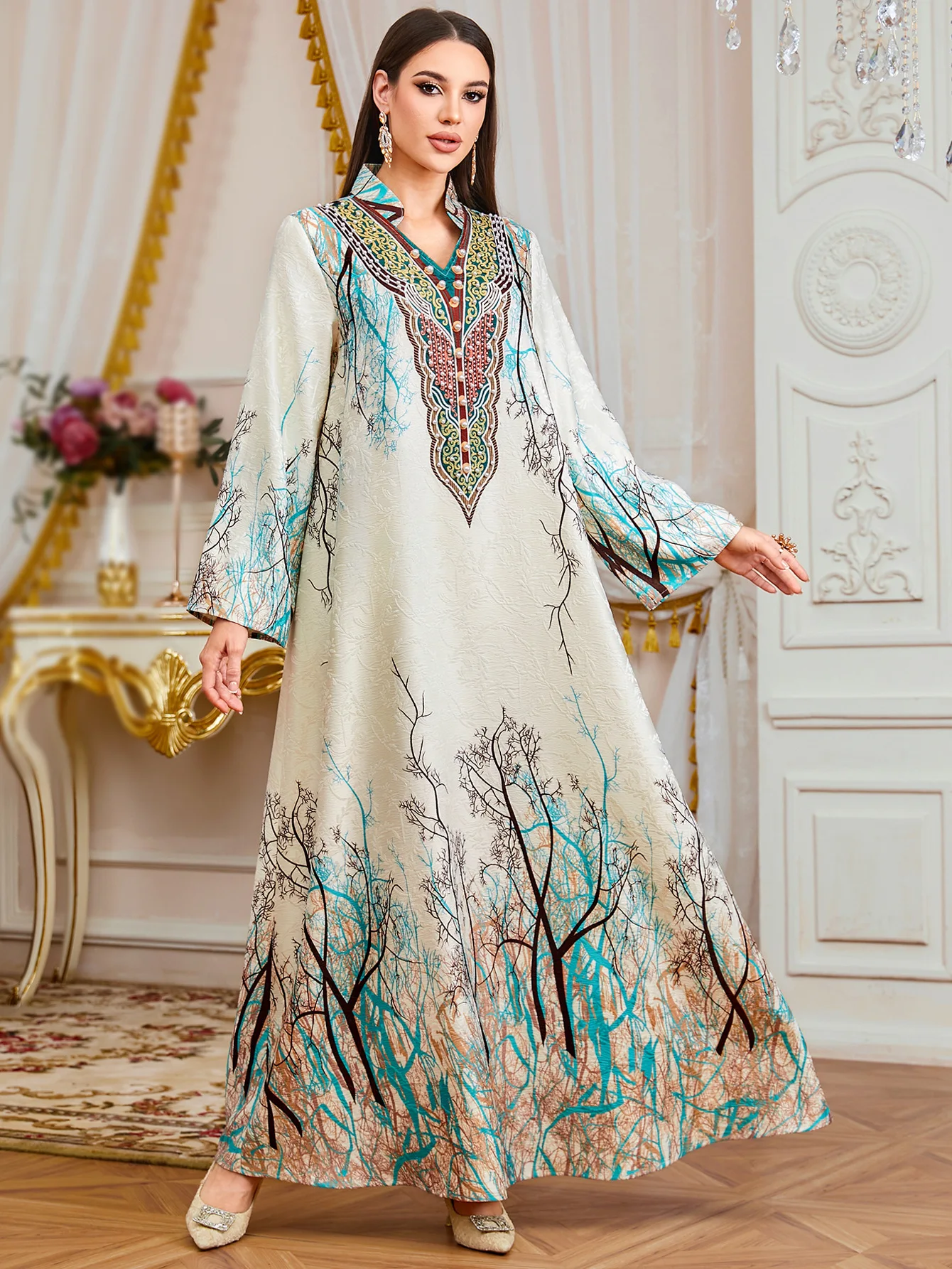 Ramadan Islamic Dubai Muslim Robe Digital Printed V-neck Dress Fashionable Casual Loose Elegant Women's Long Dress
Ramadan Islamic Dubai Muslim Robe Digital Printed V-neck Dress Fashionable Casual Loose Elegant Women's Long Dress