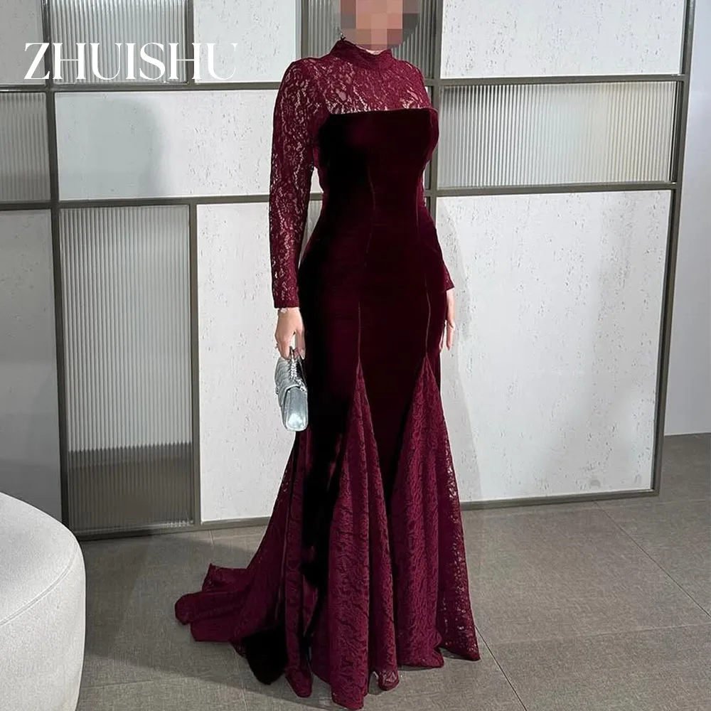 ZHUISHU Luxury Lace Patchwork Evening Gown Burgundy High Collar Long Sleeves Semi-Mermaid Saudi Formal Event Dresses Customized
ZHUISHU Luxury Lace Patchwork Evening Gown Burgundy High Collar Long Sleeves Semi-Mermaid Saudi Formal Event Dresses Customized