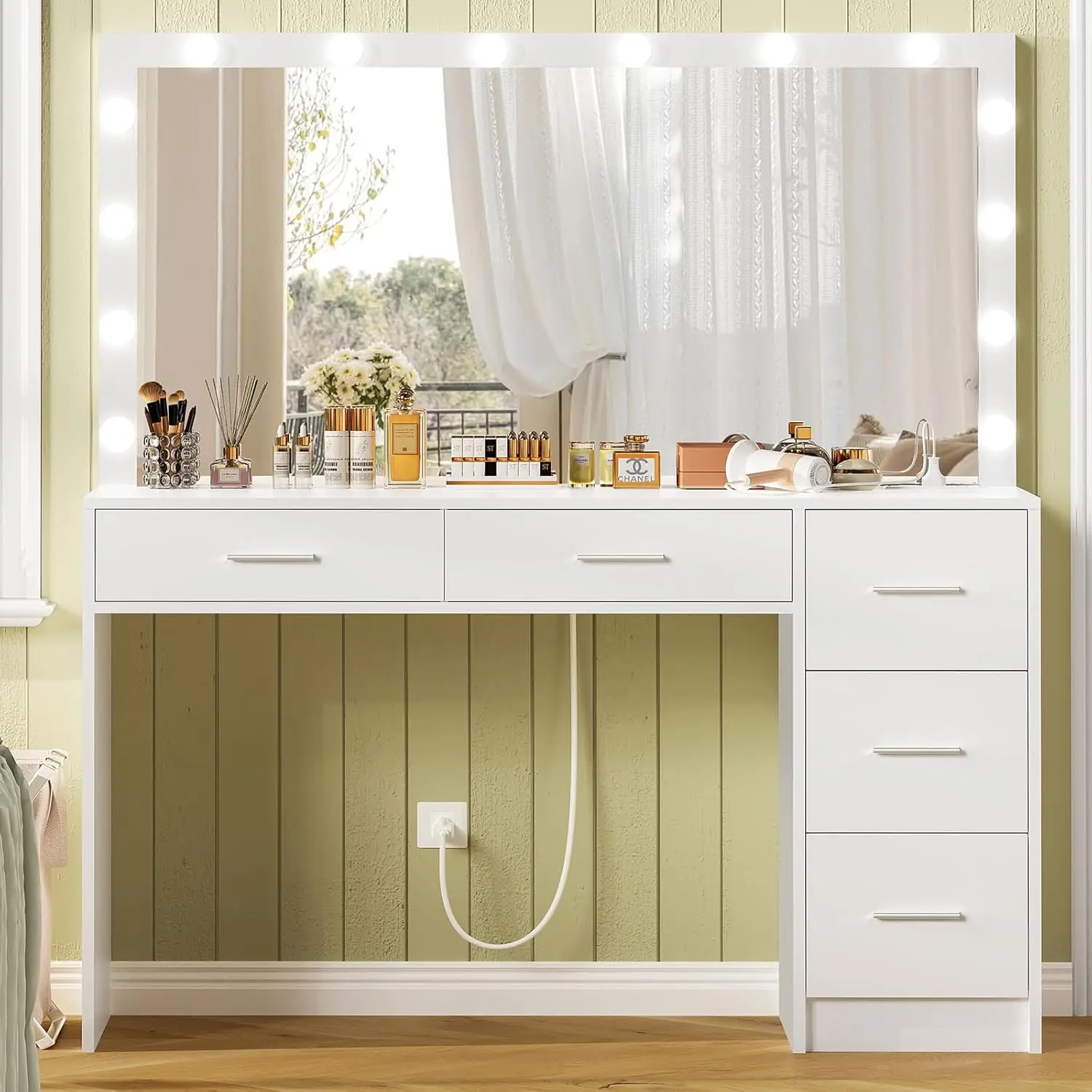 47.2" Large Vanity Desk with Mirror & 14 LED Lights, with 5 Drawers& Charging Station, Makeup Vanity Desk, 3 Lighting Colors
47.2" Large Vanity Desk with Mirror & 14 LED Lights, with 5 Drawers& Charging Station, Makeup Vanity Desk, 3 Lighting Colors