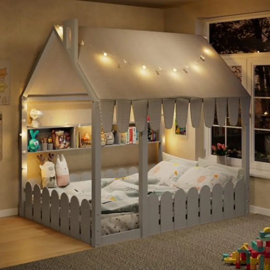 Full Size Montessori House Bed for with Fence Railings Tent Lights 3 Shelves Floor Bed Frame No Slats Included Gray
Full Size Montessori House Bed for with Fence Railings Tent Lights 3 Shelves Floor Bed Frame No Slats Included Gray