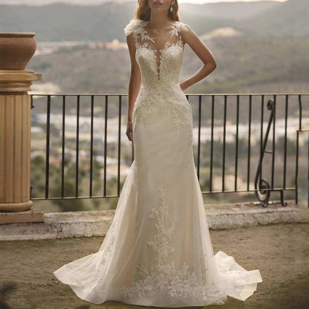Scoop Neck Sleeveless Wedding Dress Delicate Applique Illusion Back Mermaid Floor Length Customized with 3D Flower Tulle Gowns
Scoop Neck Sleeveless Wedding Dress Delicate Applique Illusion Back Mermaid Floor Length Customized with 3D Flower Tulle Gowns