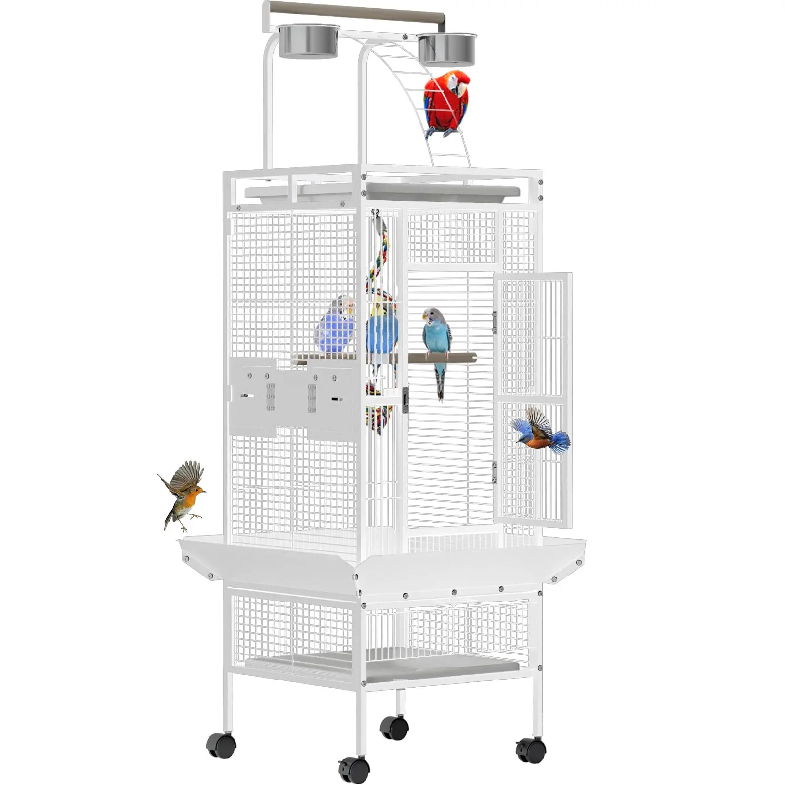 60 Inch Wrought Iron Large Bird Flight Cage with Rolling Stand, Play Top & 4 Stainless Steel Bowls
60 Inch Wrought Iron Large Bird Flight Cage with Rolling Stand, Play Top & 4 Stainless Steel Bowls