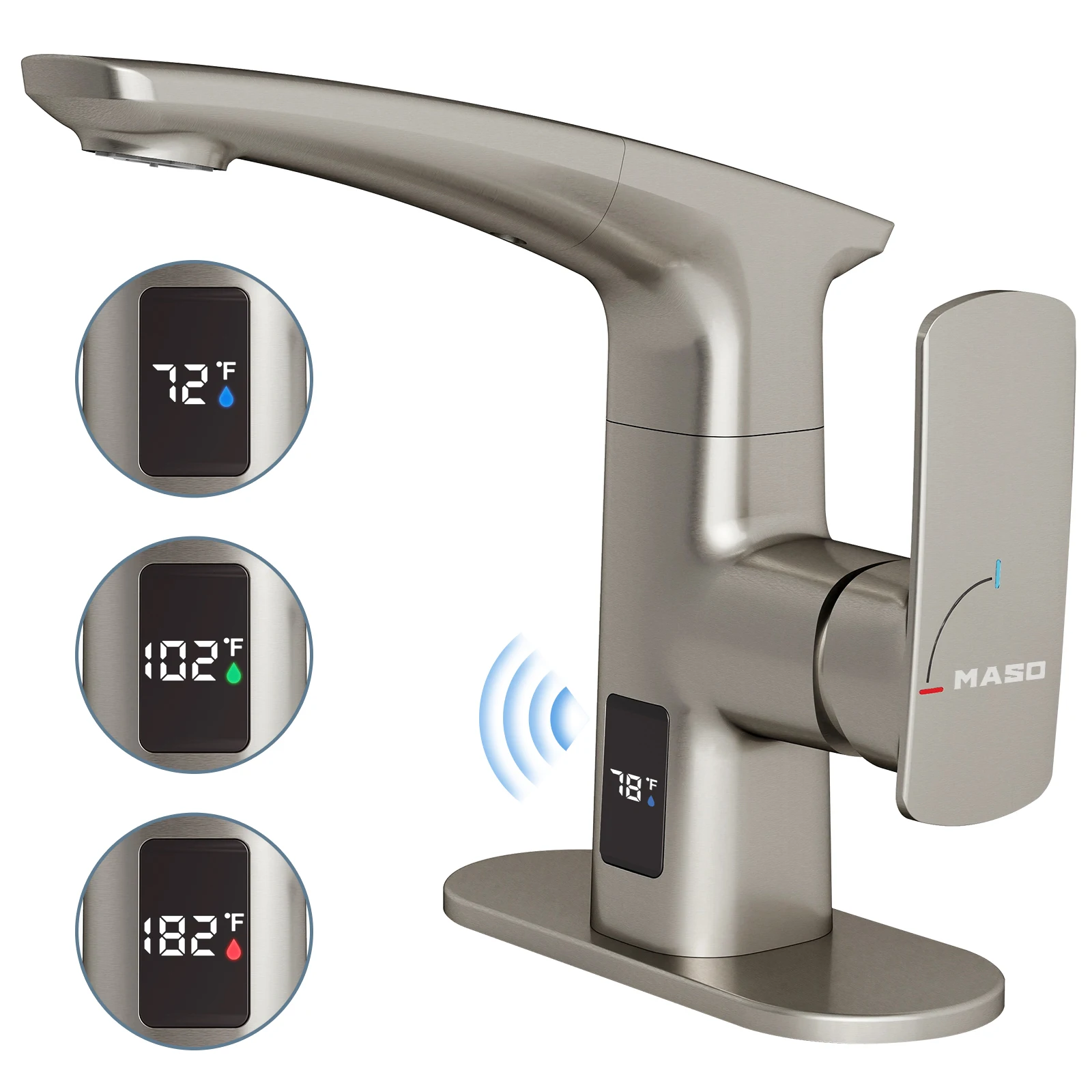 MASO Touchless Bathroom Faucet, Pull-Down, 2 Spray Modes, Temp Display °F, Motion Sensor, 360° Swivel, Brushed Nickel
MASO Touchless Bathroom Faucet, Pull-Down, 2 Spray Modes, Temp Display °F, Motion Sensor, 360° Swivel, Brushed Nickel