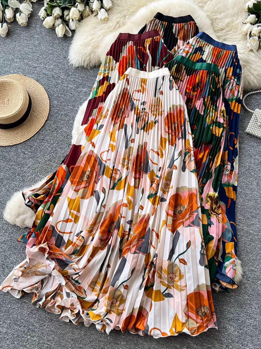 Vintage Floral Print Pleated Maxi Skirt for Tall Women, High Waist A-Line Flowy Draped Swing Hem, Commuter Vacation Elegant
Vintage Floral Print Pleated Maxi Skirt for Tall Women, High Waist A-Line Flowy Draped Swing Hem, Commuter Vacation Elegant