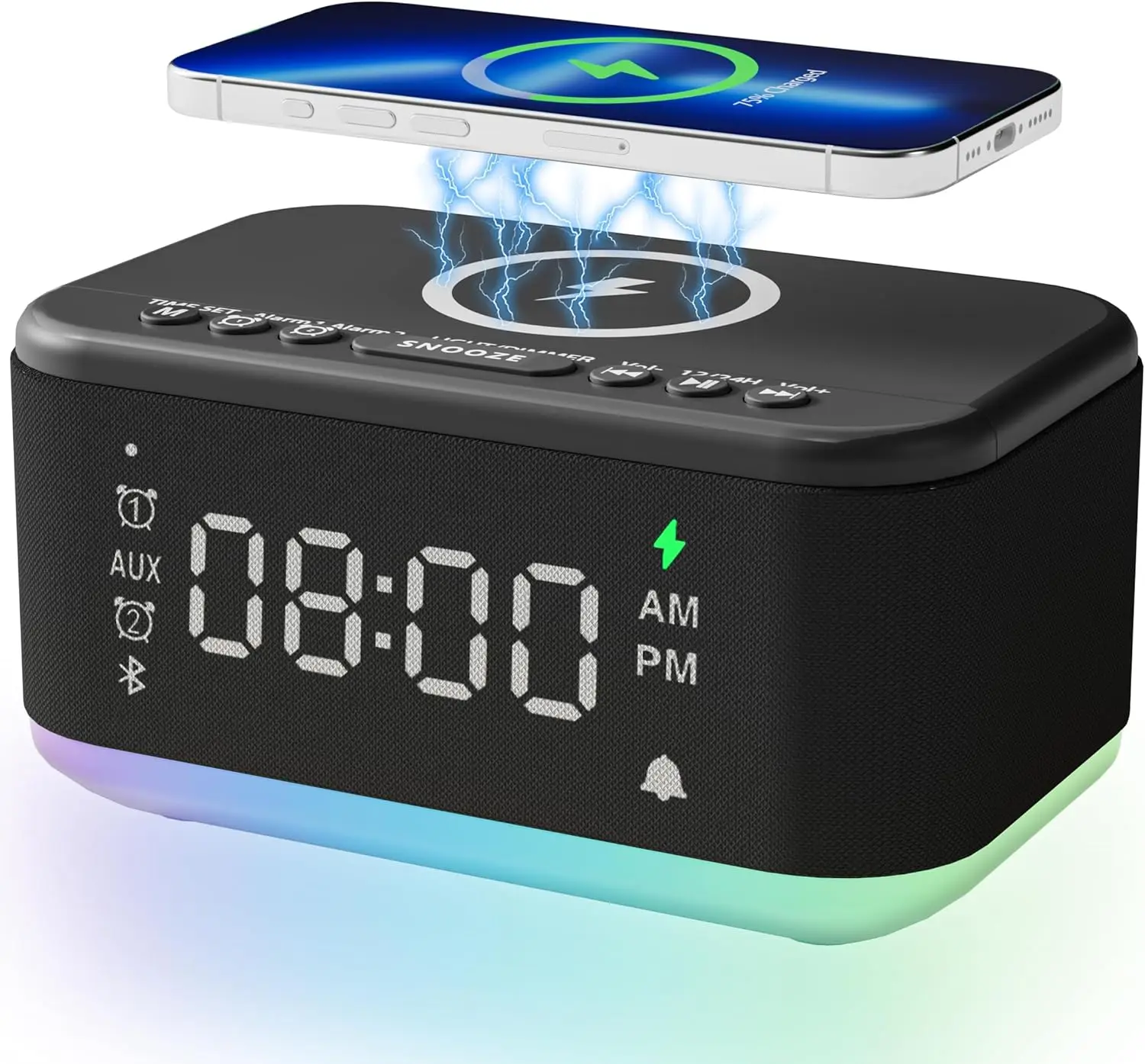 Беспроводной цифровой будильник с функцией зарядки, Bluetooth-колонкой, регулируемой RGB-подсветкой, двойным будильником и USB-портами
Беспроводной цифровой будильник с функцией зарядки, Bluetooth-колонкой, регулируемой RGB-подсветкой, двойным будильником и USB-портами