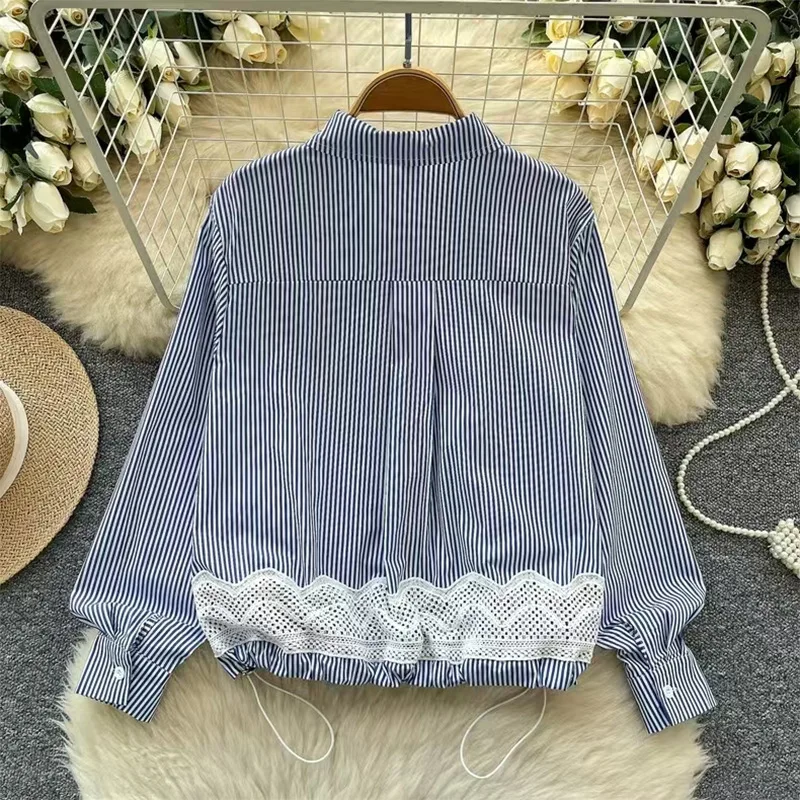 Korean Style Fashionable Chic Bow Lace Embroidery Striped With Women's Design Sense, Drawstring Waist Cinching Shirt Trendy
Korean Style Fashionable Chic Bow Lace Embroidery Striped With Women's Design Sense, Drawstring Waist Cinching Shirt Trendy