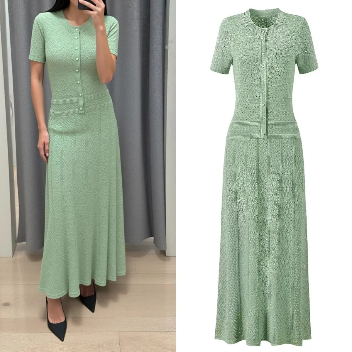 Chic Patchwork Knitted Maxi Dress For Women elegant Short Sleeve Hollow Out Ribbed Long Dresses O-Neck High Waist Lady Knitwear
Chic Patchwork Knitted Maxi Dress For Women elegant Short Sleeve Hollow Out Ribbed Long Dresses O-Neck High Waist Lady Knitwear