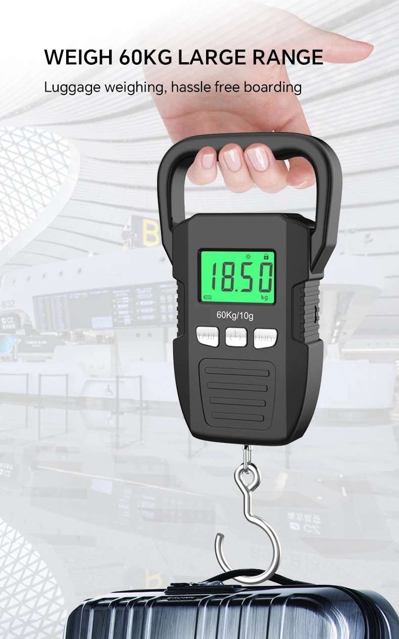 Portable Digital Weight Scale 60kg 10g Electronic Luggage Hanging Scale Battery/USB Charging LCD Fishing Weighing Balance
Portable Digital Weight Scale 60kg 10g Electronic Luggage Hanging Scale Battery/USB Charging LCD Fishing Weighing Balance