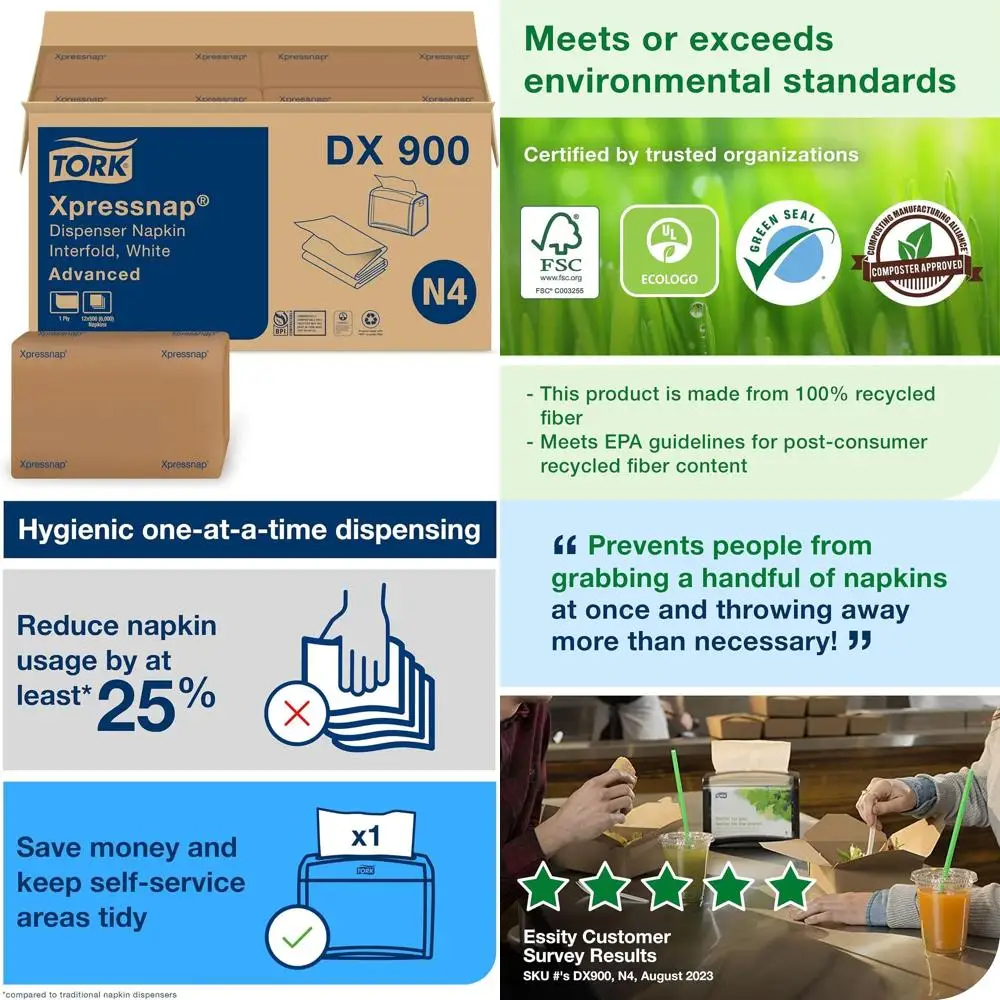 Усовершенствованные однослойные белые салфетки Xpressnap N4, диспенсер, 12 упаковок по 500 листов (всего 6000 листов) - DX900
Усовершенствованные однослойные белые салфетки Xpressnap N4, диспенсер, 12 упаковок по 500 листов (всего 6000 листов) - DX900